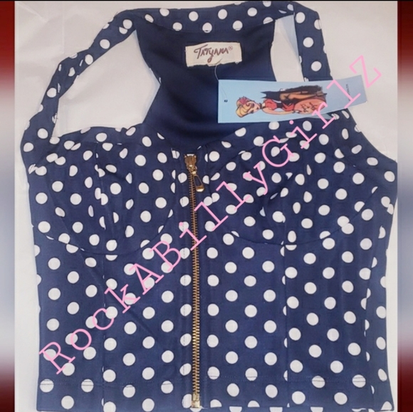 Tatyana Dasha Retro Pinup Navy Blue White Polka Dot ZipUp Bustier Bra Tank Top - Picture 3 of 9